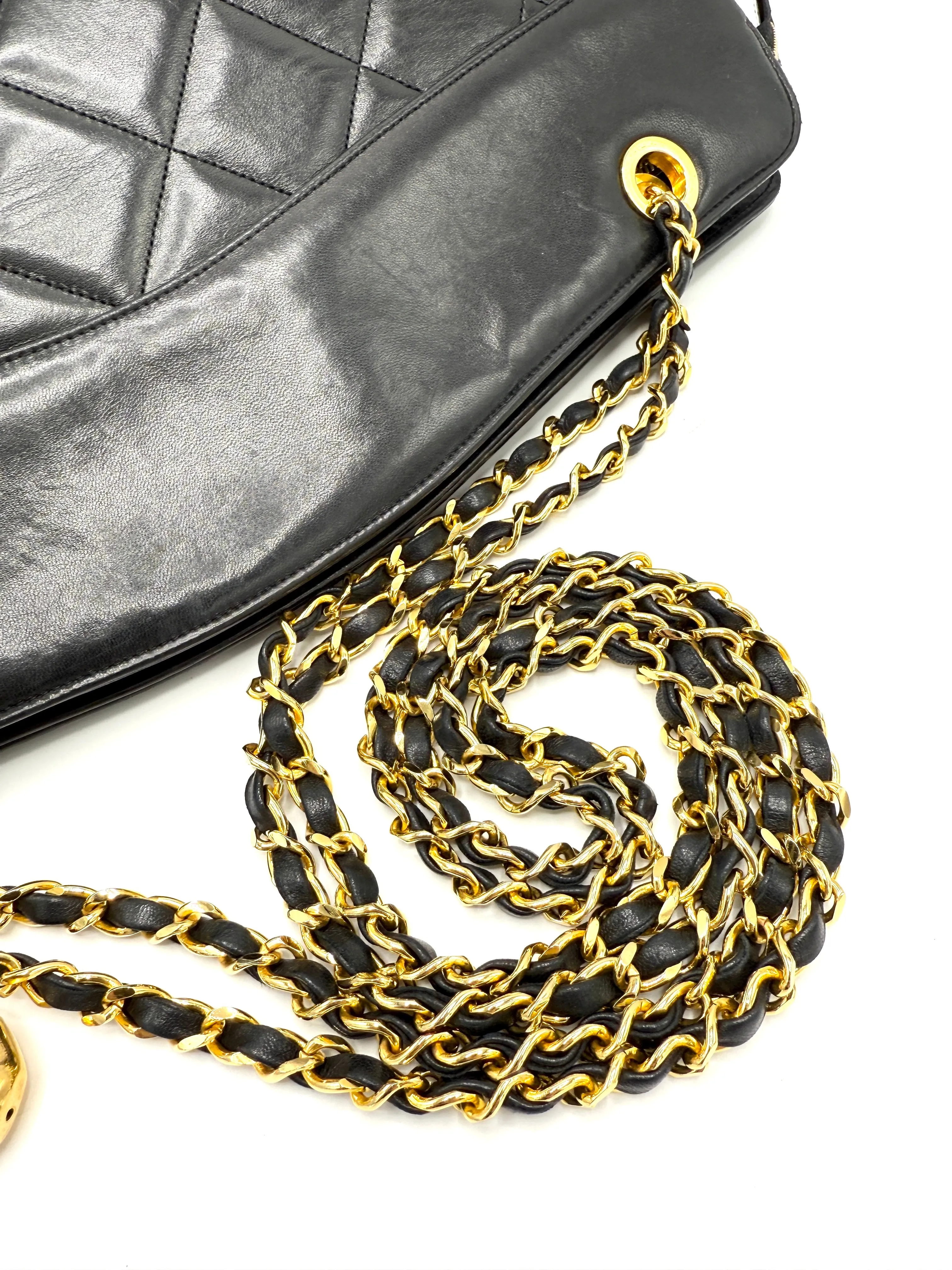 24k CC Diamond Charm Black Lambskin XL Double Chain Crossbody