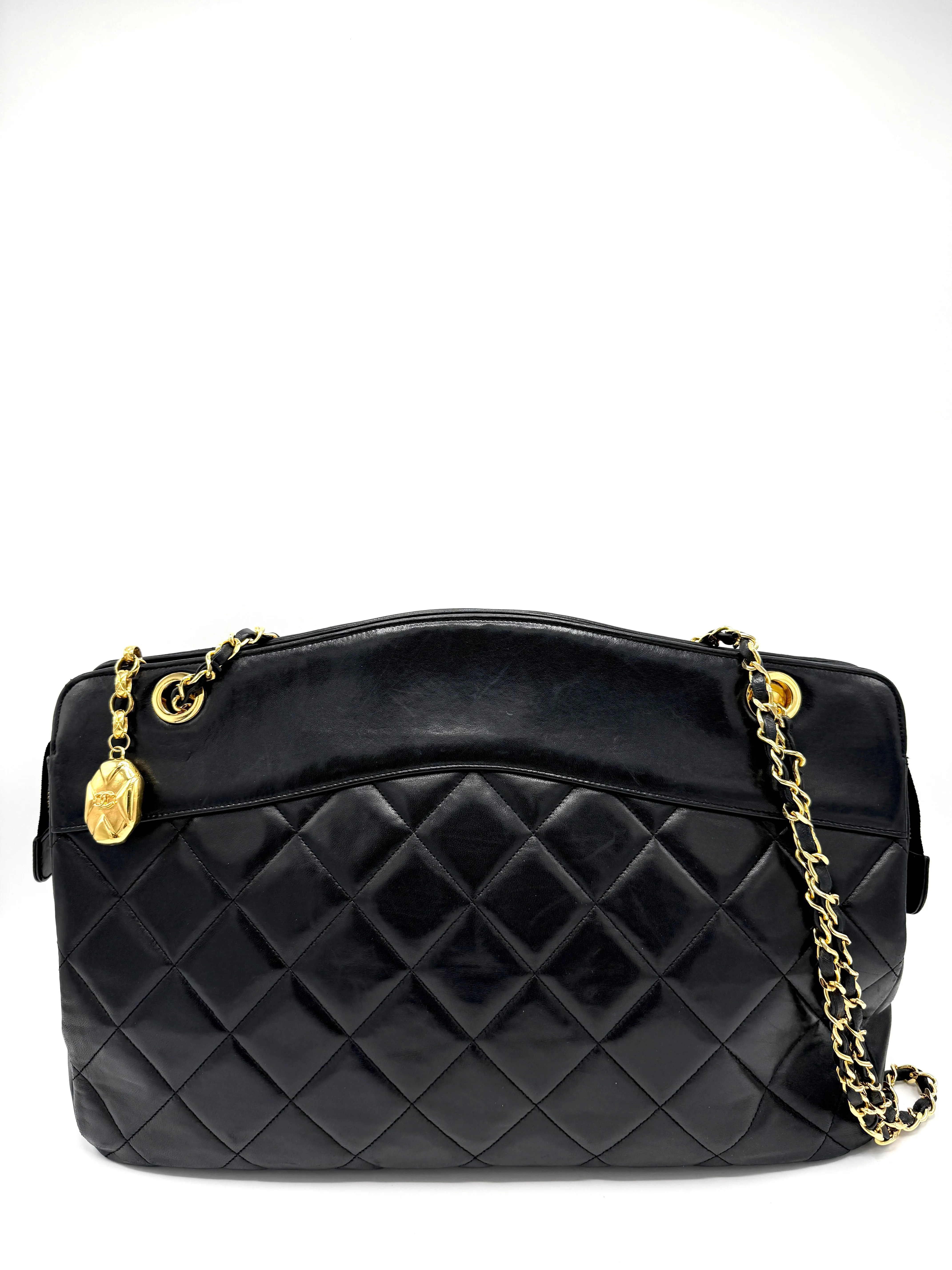 24k CC Diamond Charm Black Lambskin XL Double Chain Crossbody