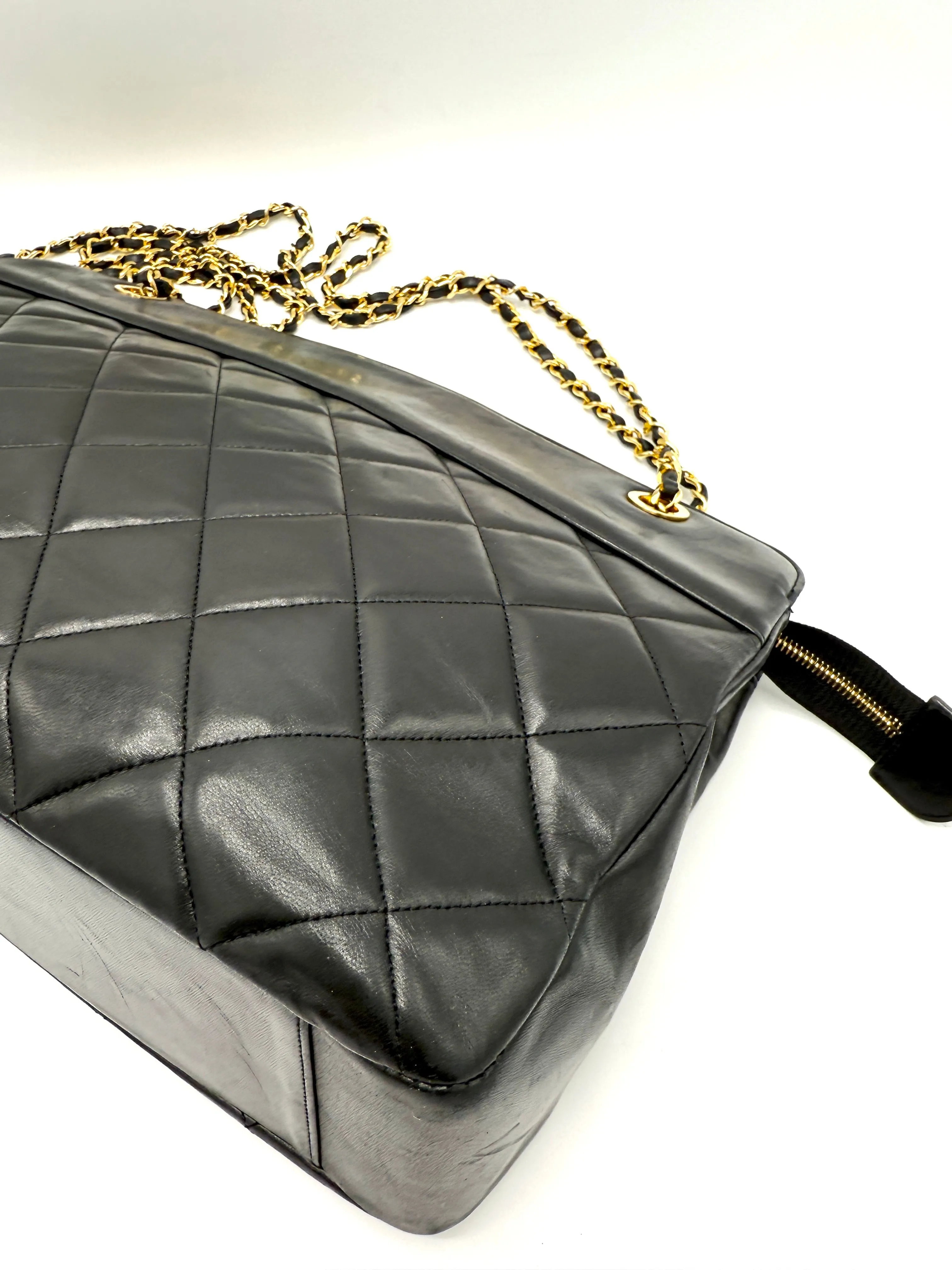 24k CC Diamond Charm Black Lambskin XL Double Chain Crossbody