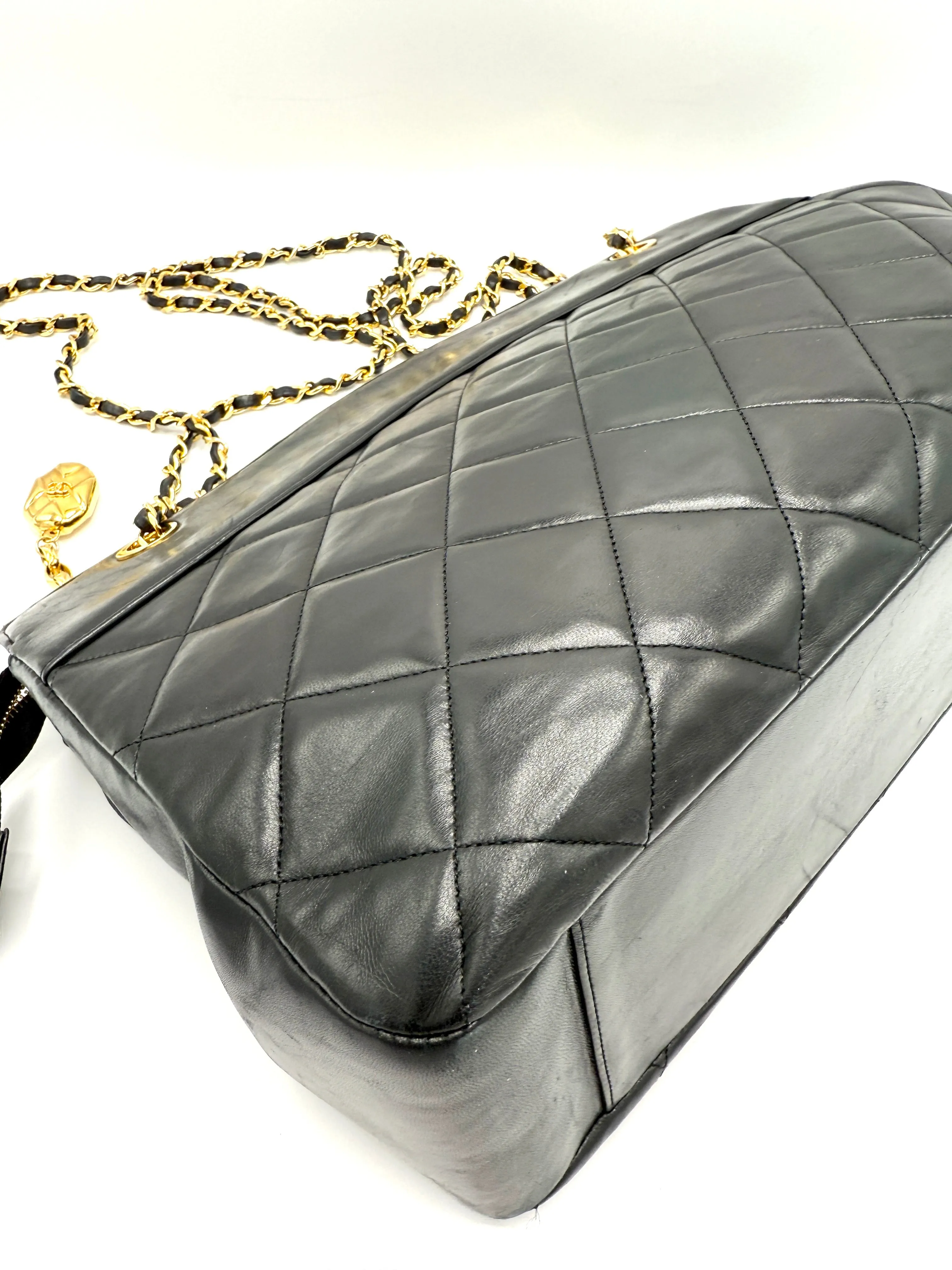 24k CC Diamond Charm Black Lambskin XL Double Chain Crossbody