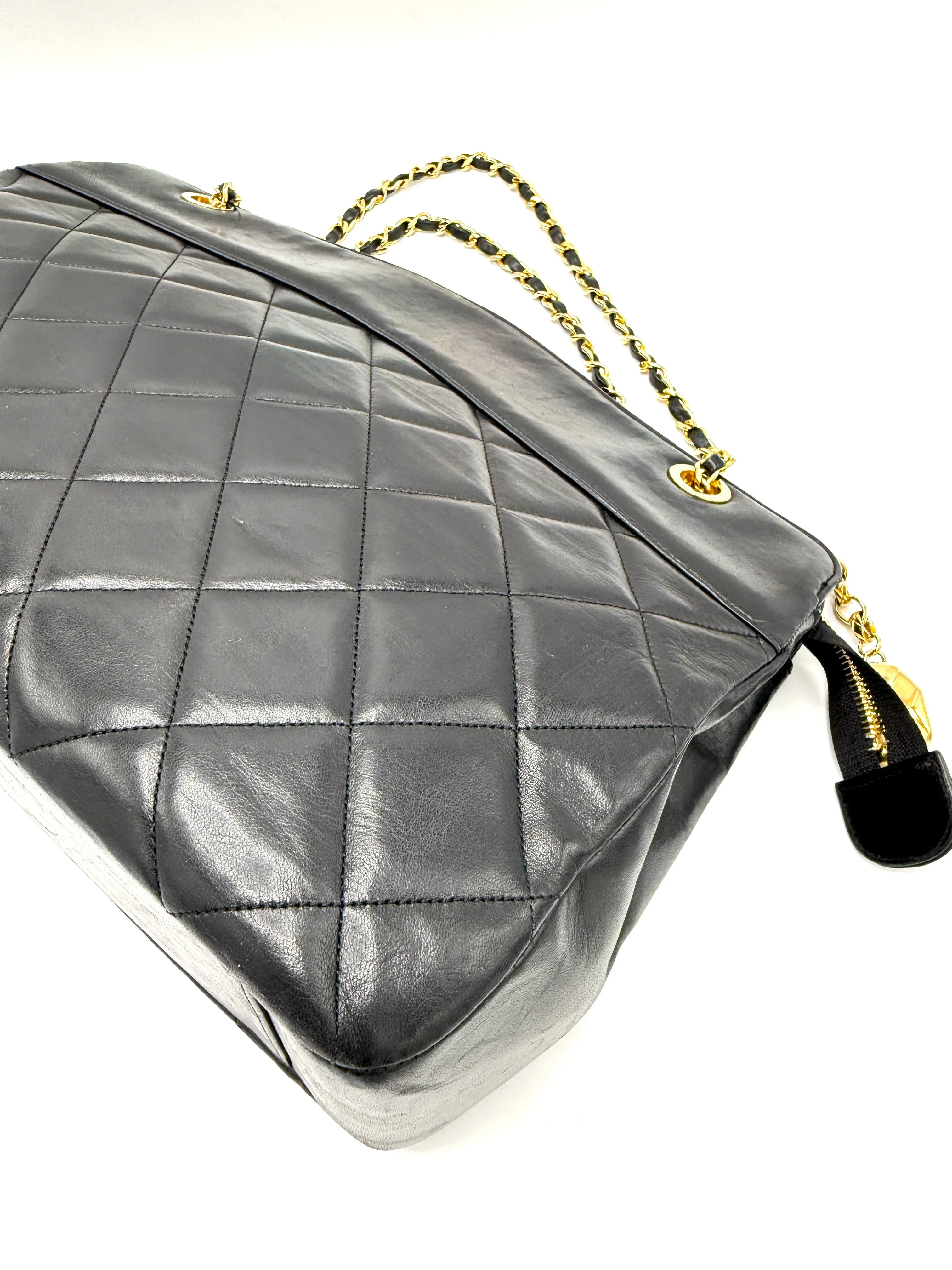 24k CC Diamond Charm Black Lambskin XL Double Chain Crossbody