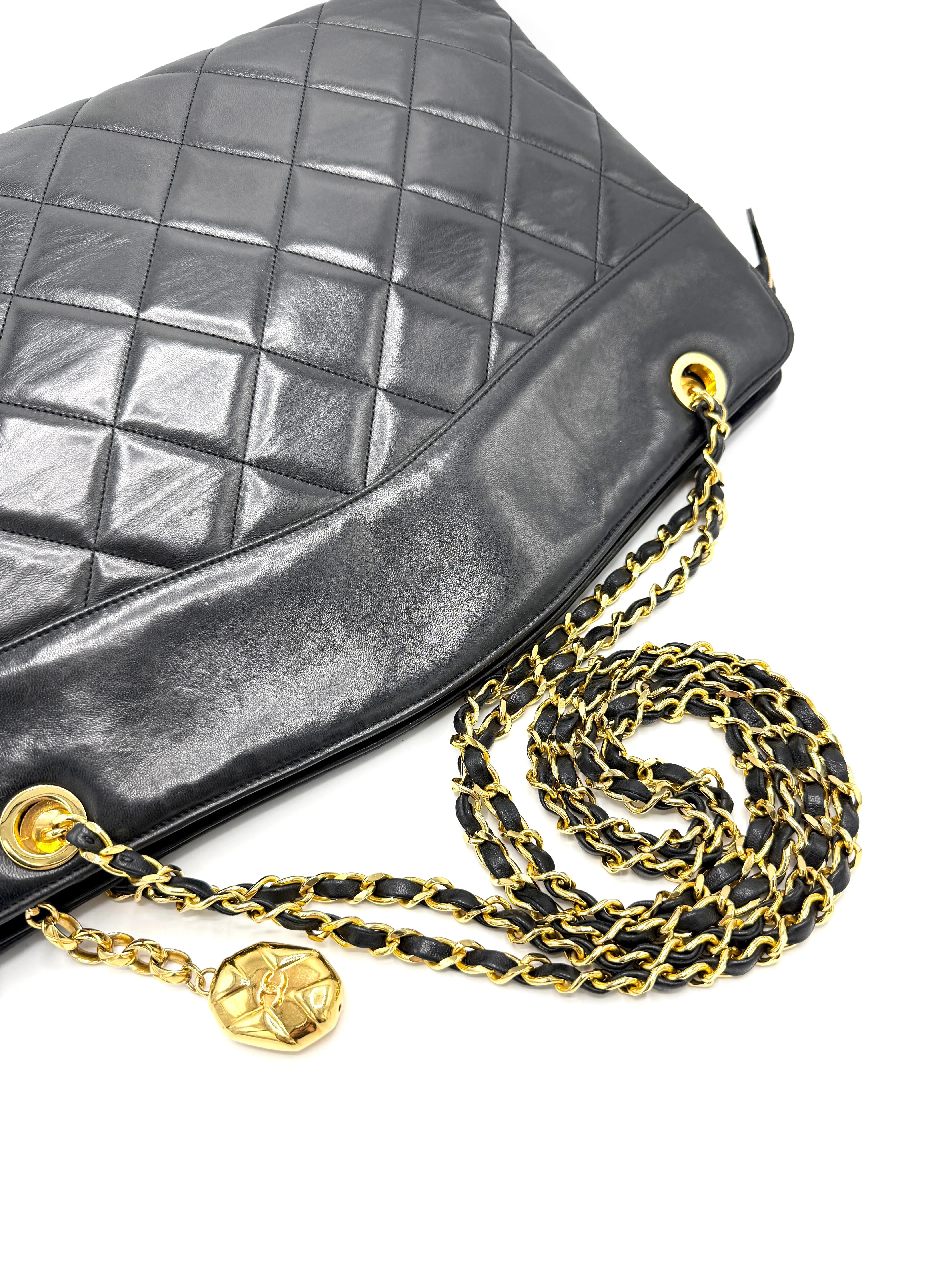24k CC Diamond Charm Black Lambskin XL Double Chain Crossbody