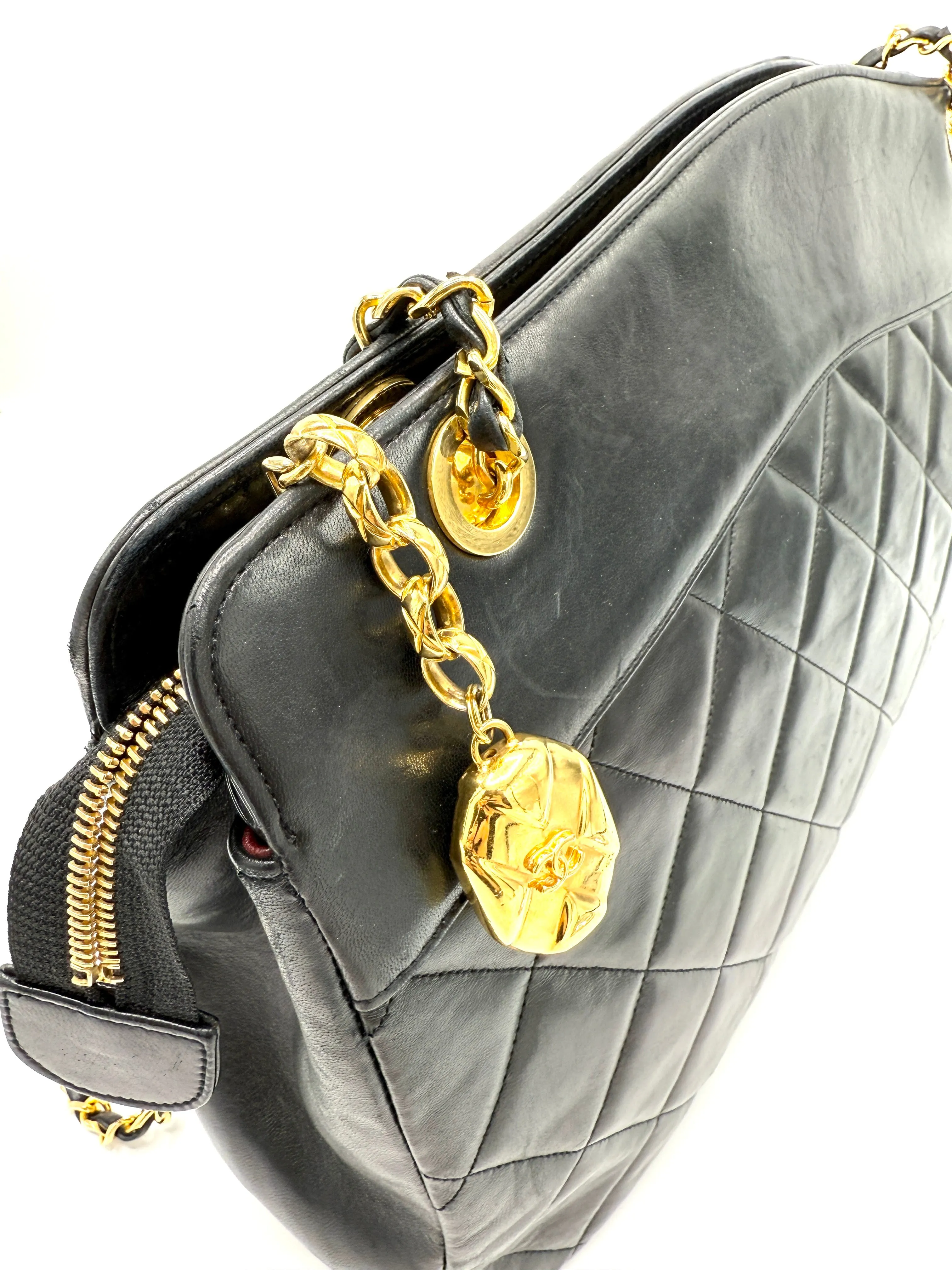24k CC Diamond Charm Black Lambskin XL Double Chain Crossbody