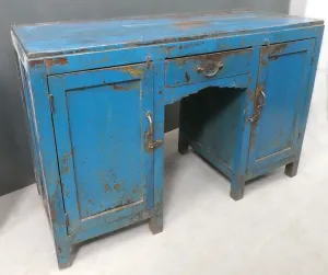 Beautiful antique indian teak painted desk with original blue chippy paint
