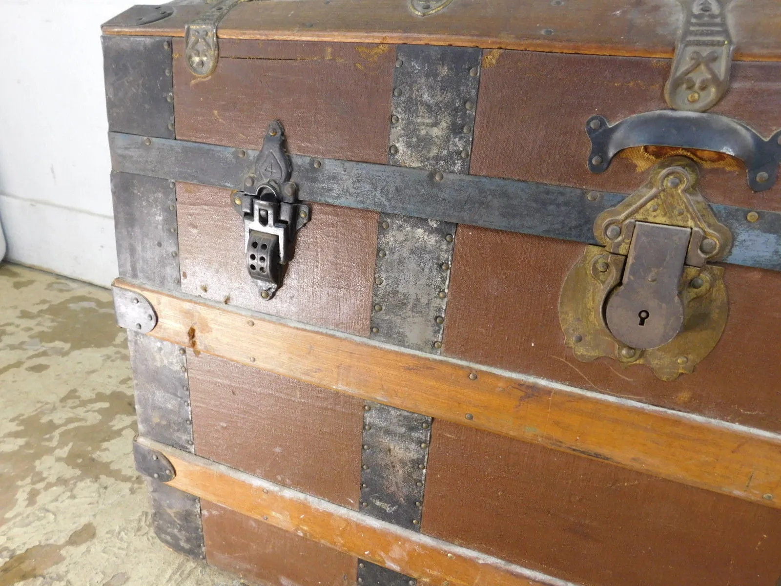 Large Antique Victorian Dome Top Trunk w Girl Decals & Inserts Wood Iron Straps