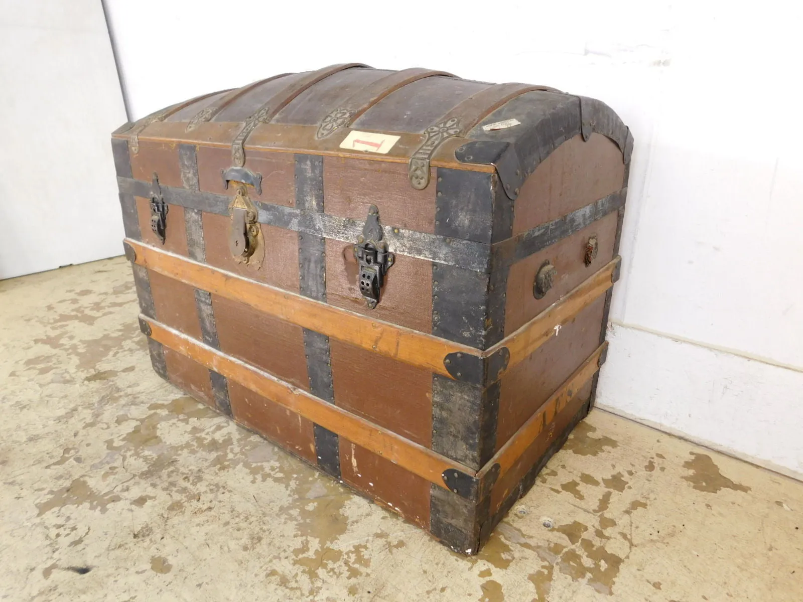 Large Antique Victorian Dome Top Trunk w Girl Decals & Inserts Wood Iron Straps