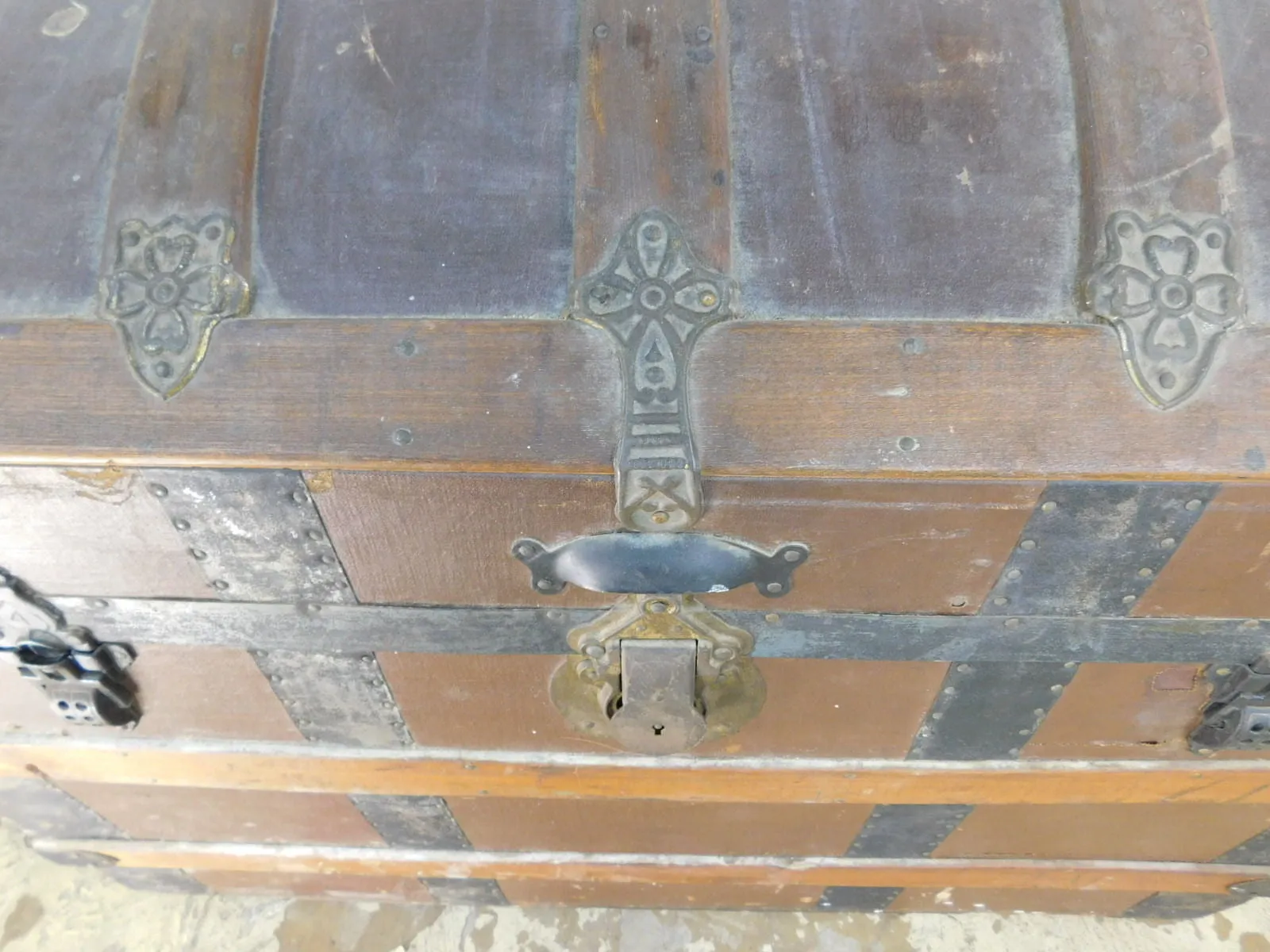 Large Antique Victorian Dome Top Trunk w Girl Decals & Inserts Wood Iron Straps