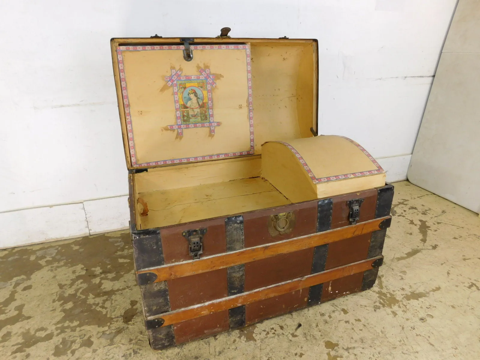 Large Antique Victorian Dome Top Trunk w Girl Decals & Inserts Wood Iron Straps