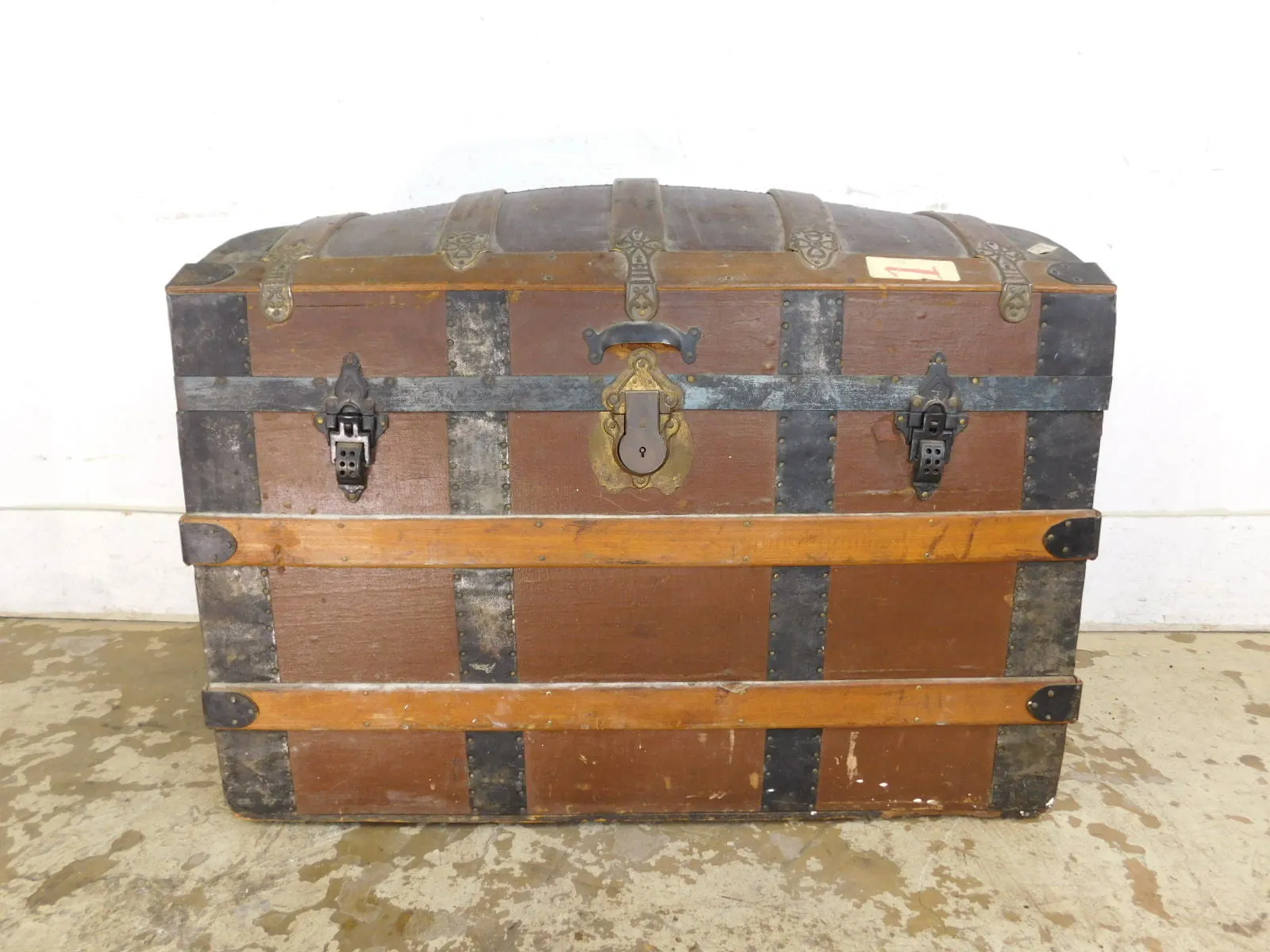 Large Antique Victorian Dome Top Trunk w Girl Decals & Inserts Wood Iron Straps