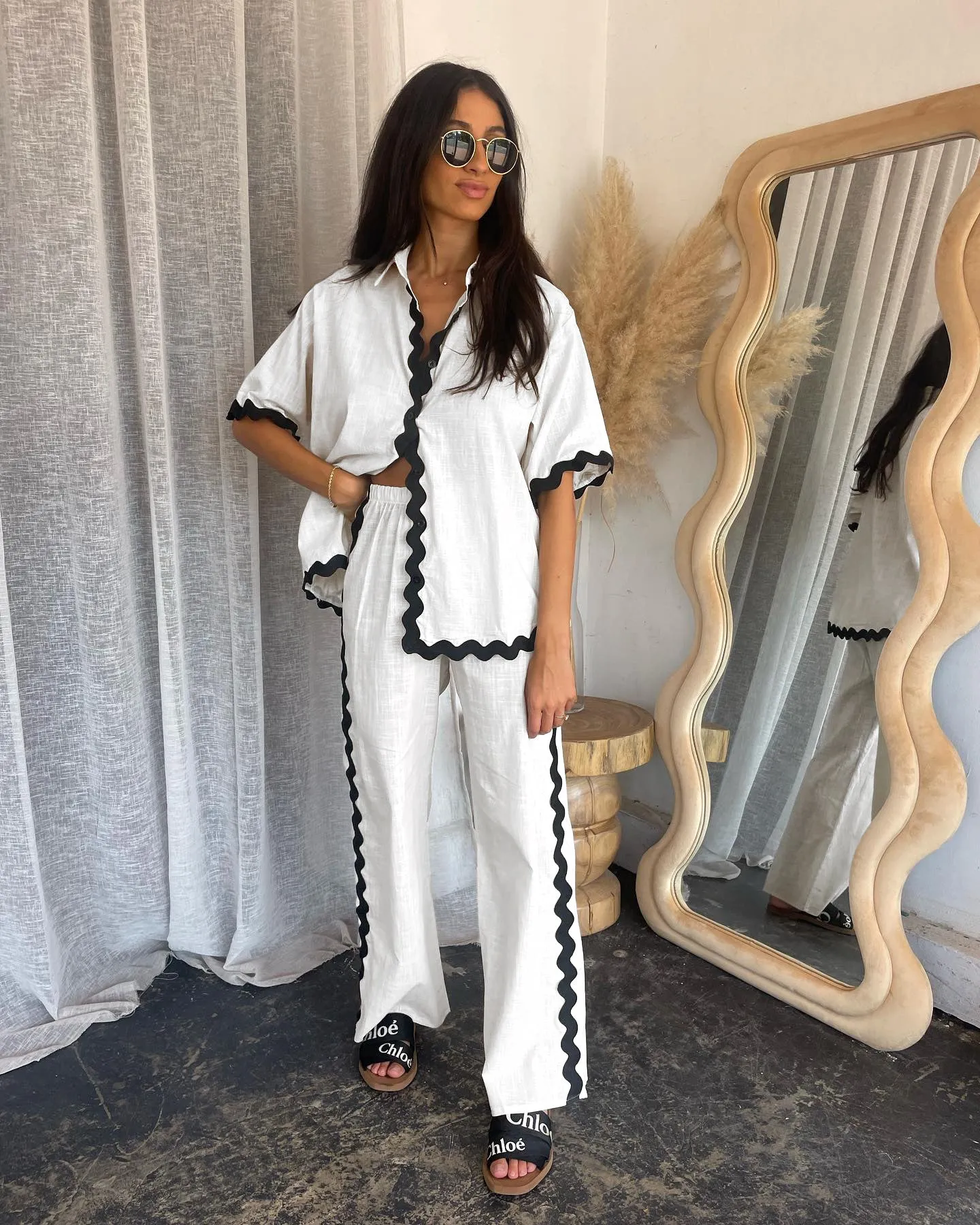 Spring Summer Comfortable Casual Single Breasted Lace Stitching Trousers Shacket