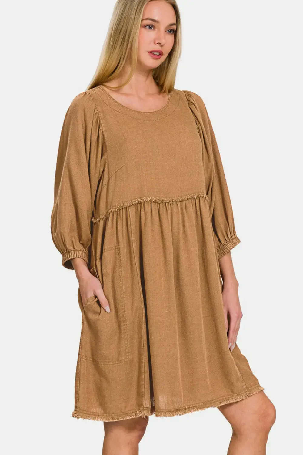 Vera Washed Linen Pleated Puff Sleeve Babydoll Dress