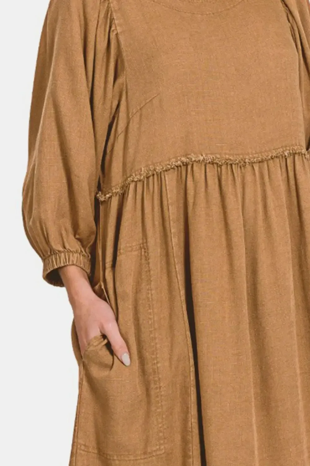 Vera Washed Linen Pleated Puff Sleeve Babydoll Dress