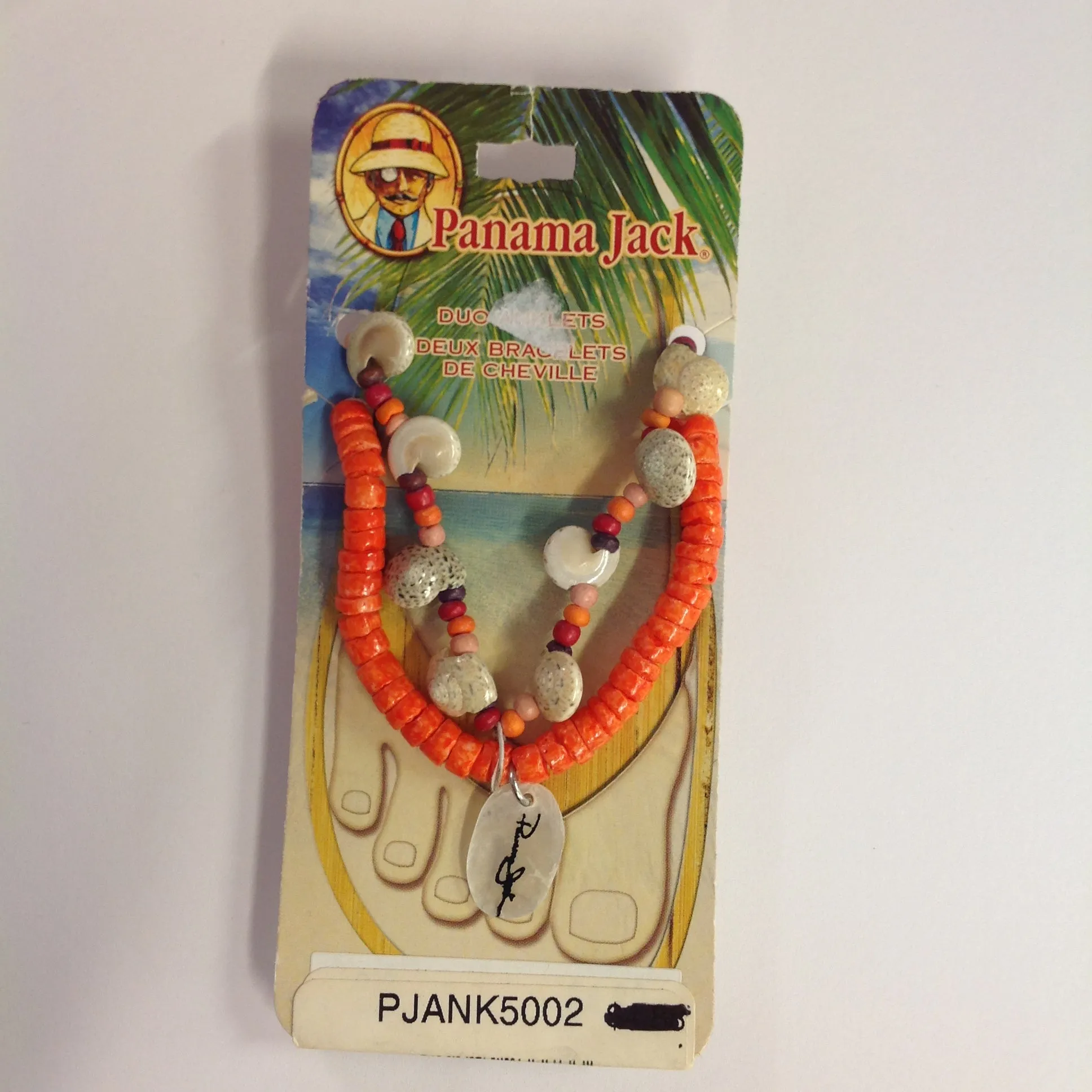 Vintage Authentic Panama Jack Duo Ankle Bracelets in Orange Beads and Shell